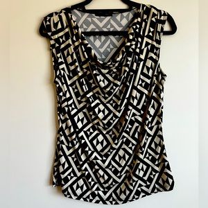 Jennie and Marlis sleeveless draped neck cowl top black and beige/cream